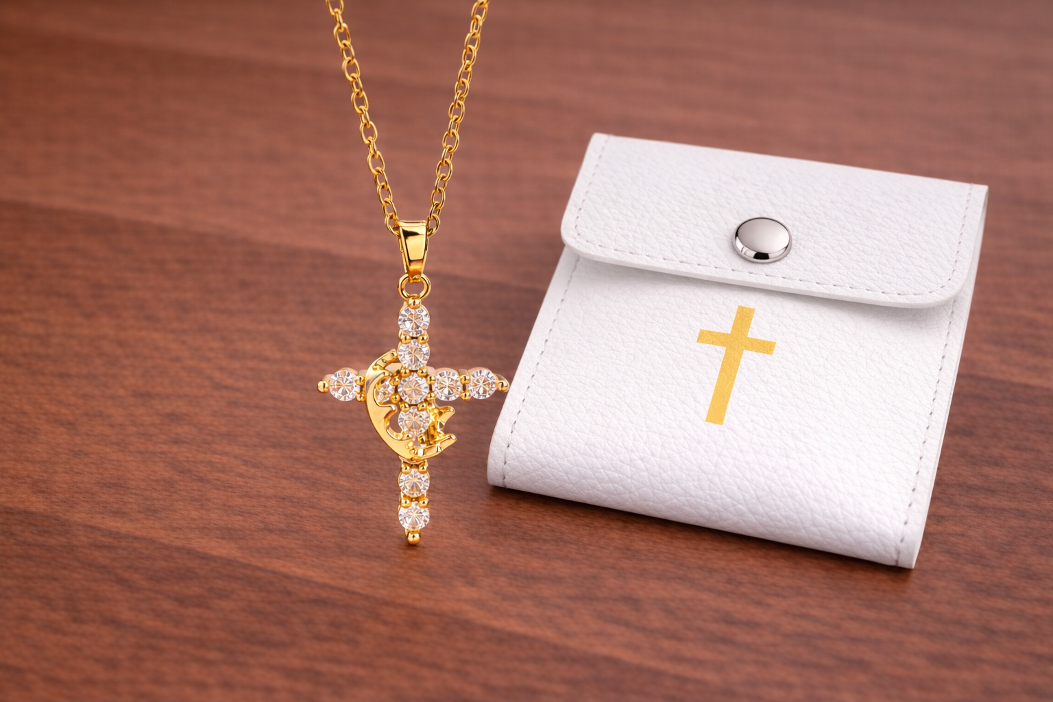 Gold-Tone Stainless Steel Cross and Crown Necklace – Faith & Light Pendant